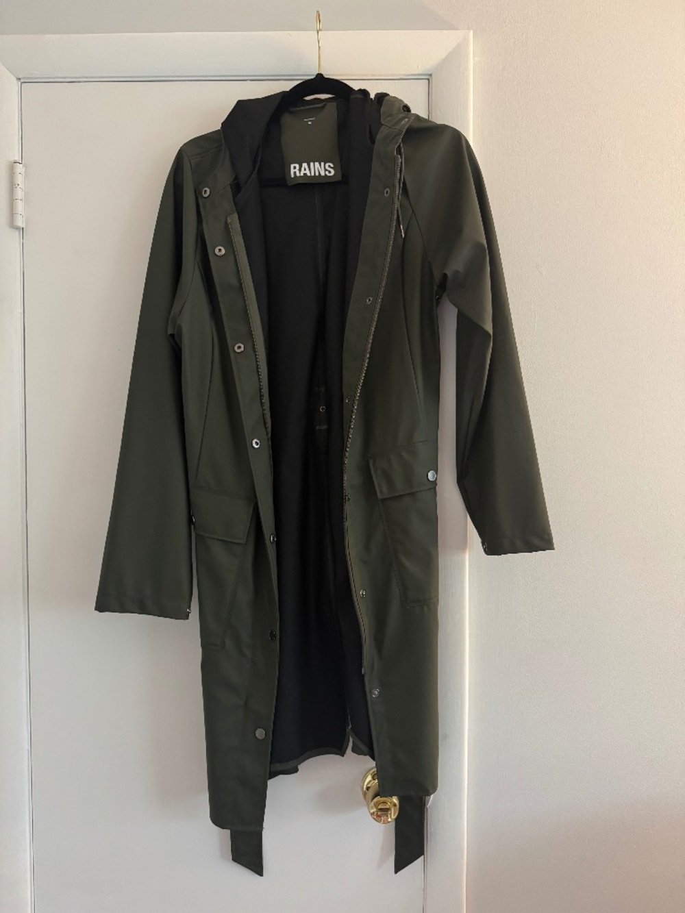 RAINS Curve Army Green Waterproof Hooded Belted Raincoat Trench Size M